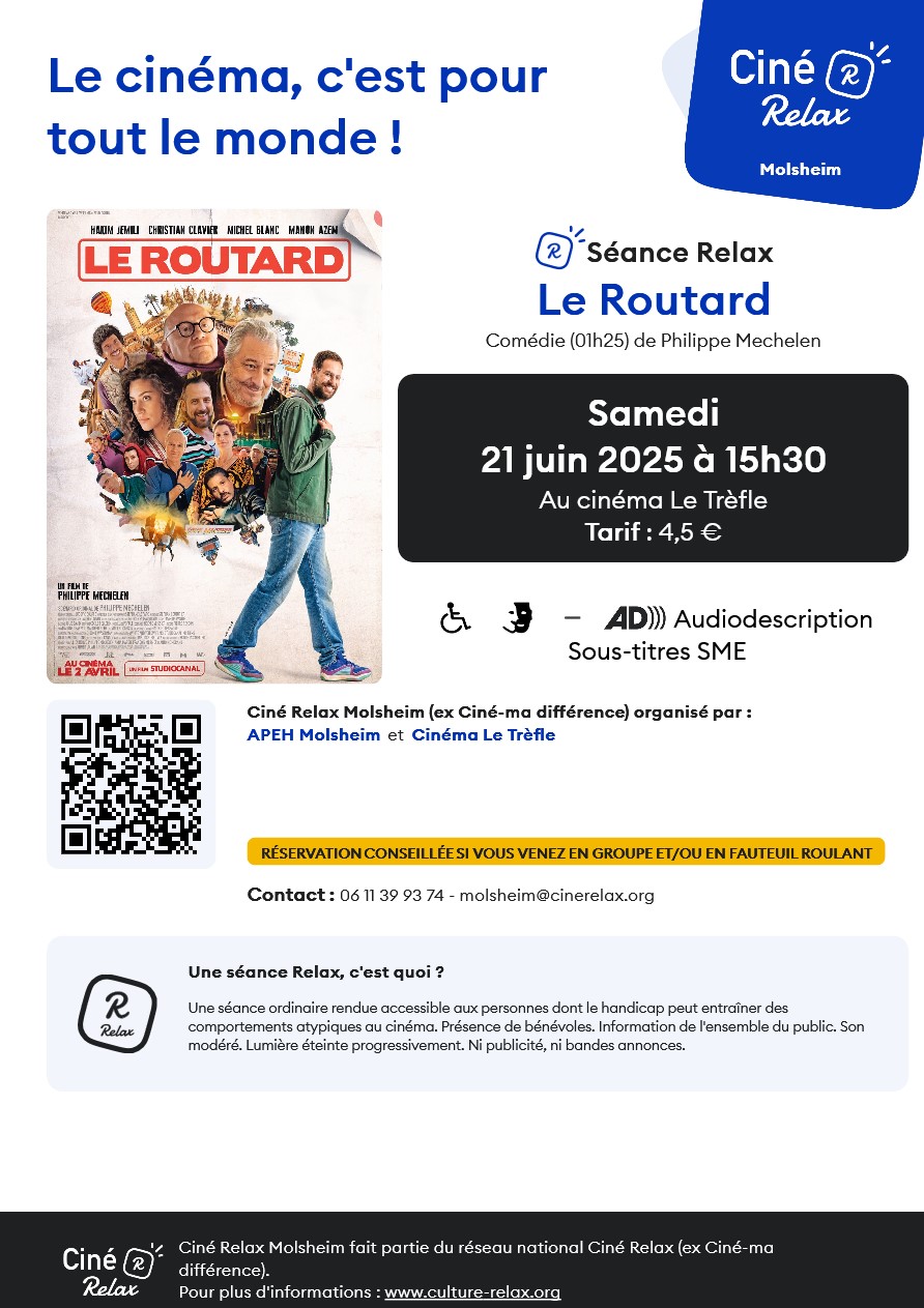 Samedi 21 Juin à 15 h 30 au cinéma le Trèfle à Dorlisheim le film "Le Routard ". Yann n’a qu’un seul rêve dans la vie : voyager. Alors, quand il entend dire que le fameux Guide du Routard recrute des gens pour faire le tour du monde, il se présente immédiatement à l’entretien et se fait embaucher. Sa première mission : Marrakech, 40 adresses à vérifier en 5 jours. Mais Yann a oublié de mentionner un petit détail lors de son entretien : il n’a jamais voyagé de sa vie. Ce qui lui semblait être au premier abord «le meilleur job du monde» va se révéler beaucoup moins idyllique que prévu. Venez nombreux!!